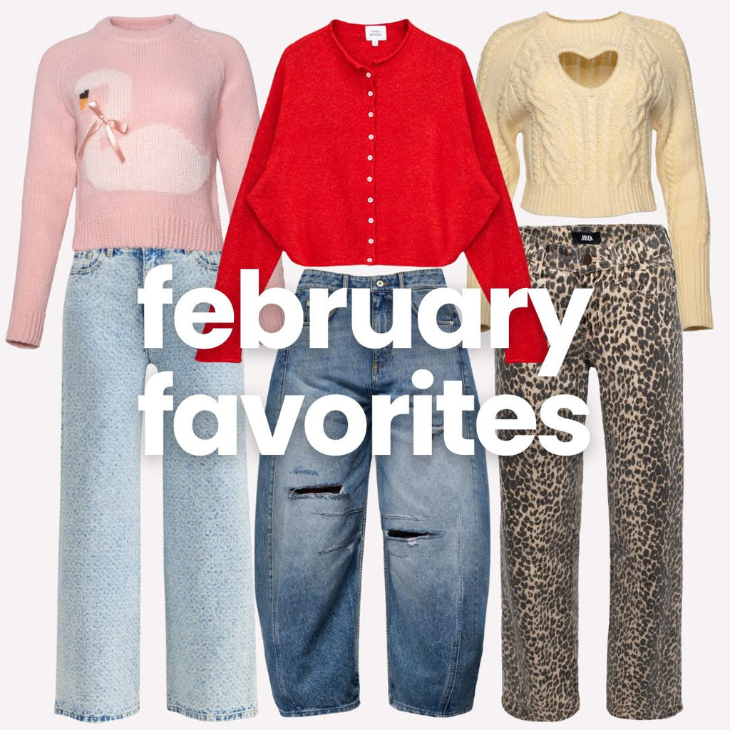 February Favorite Outfits - Rhinestone studded denim, swan knit sweater, cherry print lounge set, and heart cutout knit.