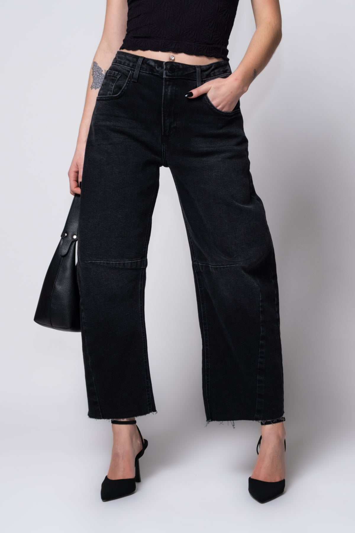 Just Black Raw Hem Barrel Leg Jeans