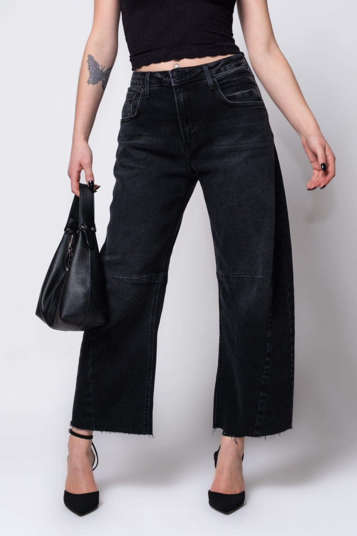 Just Black Raw Hem Barrel Leg Jeans