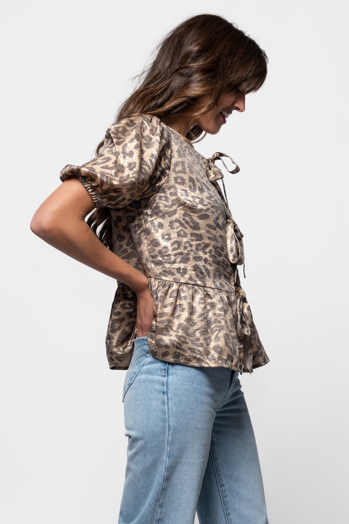 Metallic Leopard Tie Front Top